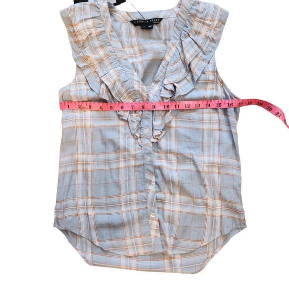 Veronica Beard NWT Size XS Leina Shirt in Vapor Multi, Sleeveless Ruffles Linen - Picture 9 of 14